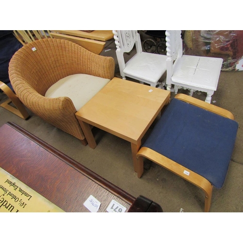 689 - TWO UPHOLSTERED ARMCHAIRS, TABLE, TUB CHAIR AND A STOOL