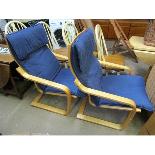 689 - TWO UPHOLSTERED ARMCHAIRS, TABLE, TUB CHAIR AND A STOOL