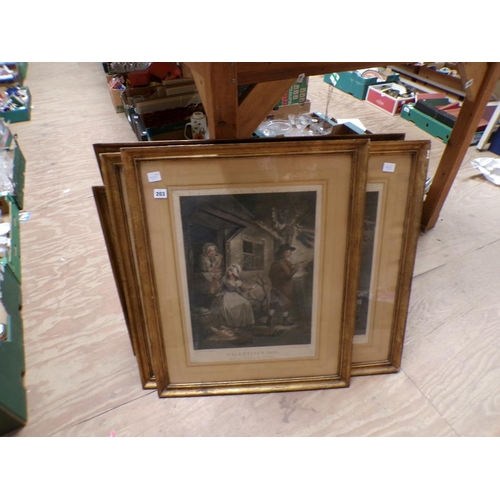 203 - FRAMED AND COLOURED ENGRAVINGS, SPORTSMANS RETURN AND VALENTINES DAY