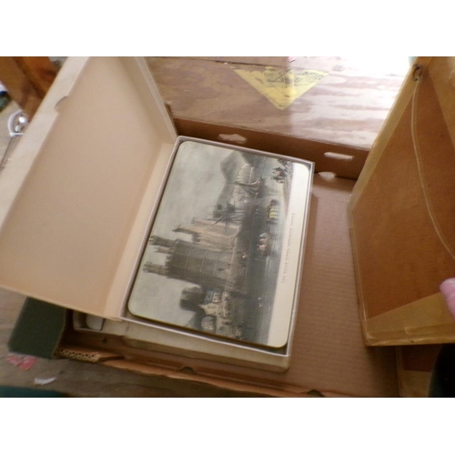 288 - BOX; PICTURES AND PEWTER FRAMED ART NOUVEAU MIRROR