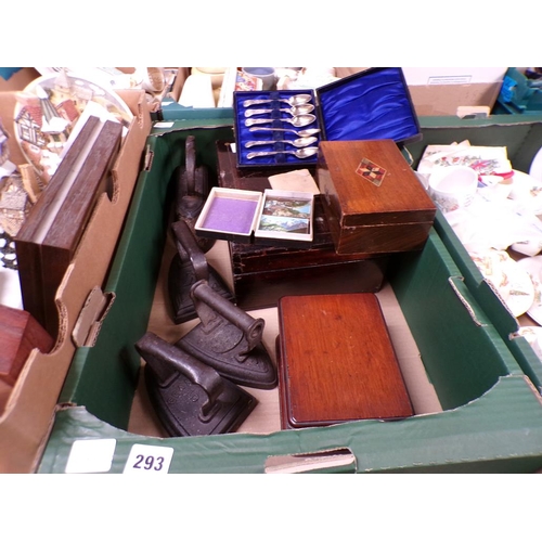 ANTIQUE IRONS AND BOXES ETC.