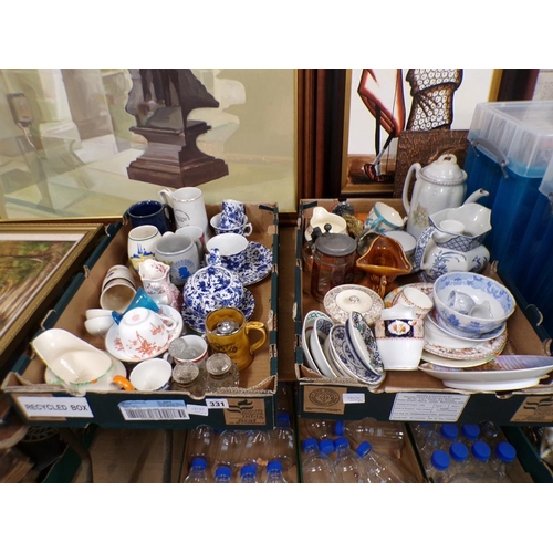 331 - TWO BOXES; MIXED CERAMICS AND GLASSWARE PLUS TEAWARES