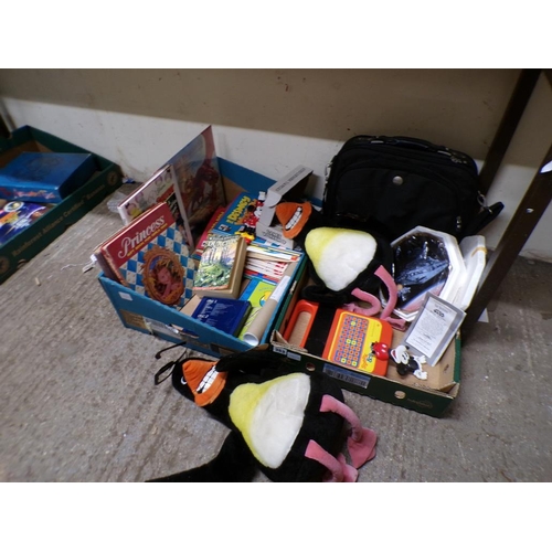 353 - TWO BOXES OF CHILDRENS ANNUALS, MAGAZINES, TOYS ETC