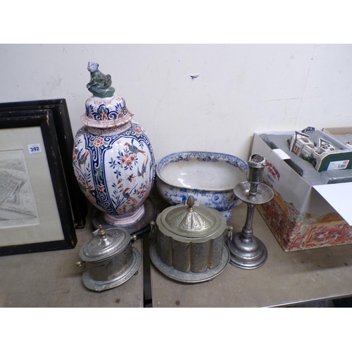 390 - SILVER PLATE, B&W TUREEN, DELFT VASE AND COVER