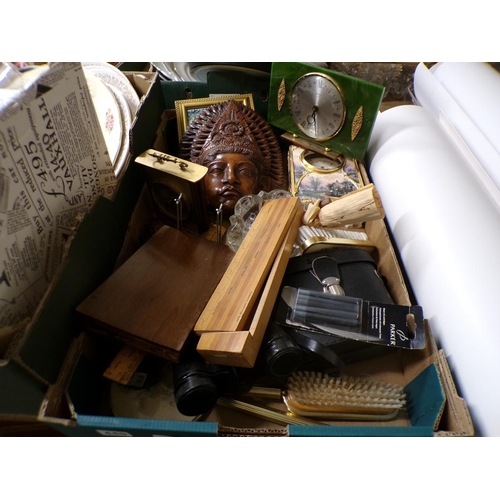 445 - BOX OF MISC TO INCL TREEN, CLOCKS, ETC