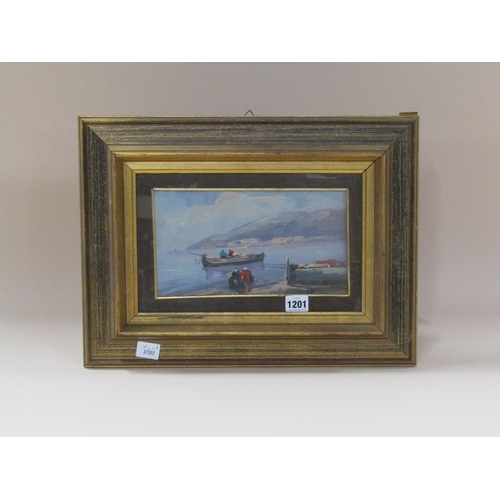 1201 - SIGNED INDISTINCTLY - COASTAL MEDITERRANEAN SCENE, PASTICHE, F/G, 14CM X 26CM