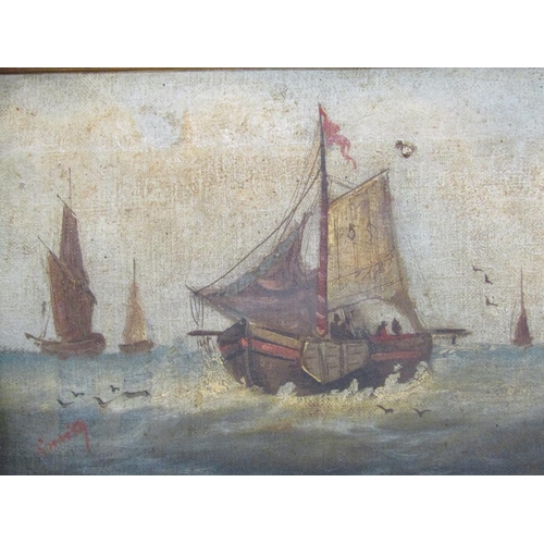 1202 - SMITHY - SERIES OF THREE LATE 19C OIL ON CANVAS, MARITIME SUBJECTS, EACH FRAMED APPROX 17CM X 27CM