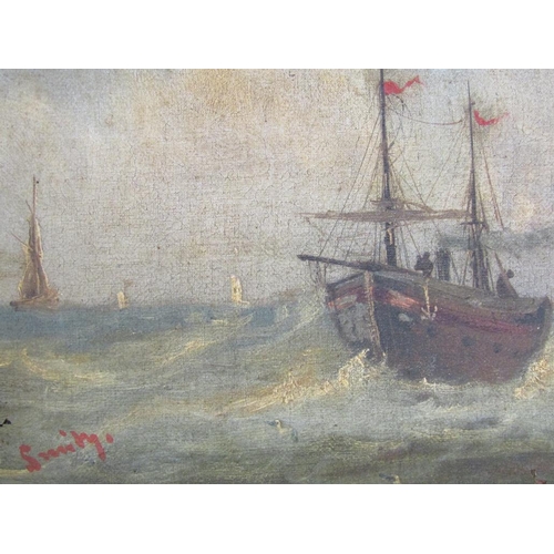 1202 - SMITHY - SERIES OF THREE LATE 19C OIL ON CANVAS, MARITIME SUBJECTS, EACH FRAMED APPROX 17CM X 27CM