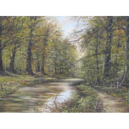 1203 - PETER SNELL 1980 - RIVER IN A WOODLAND SETTING, SIGNED AND DATED, OIL ON CANVAS, FRAMED, 50CM X 75CM