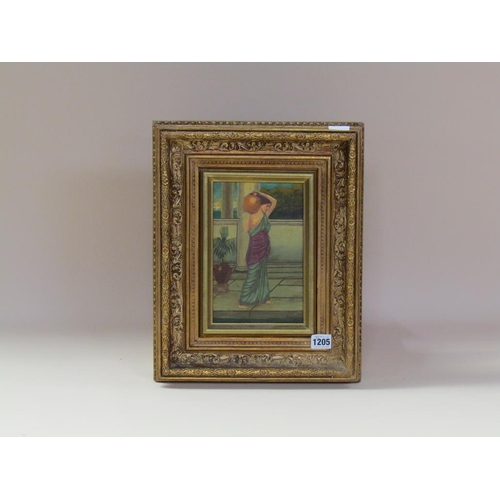 1205 - MARCUS STONE - CONTEMPORARY OIL ON BOARD, GRECIAN LADY WITH A PITCHER, SIGNED, FRAMED, 20CM X 15CM