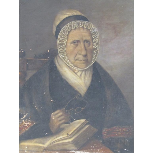 1206 - UNSIGNED EARLY 19C - PORTRAIT OF A LADY AT A TABLE, OIL ON CANVAS, 60CM X 50CM