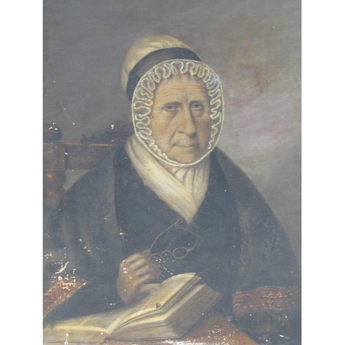 1206 - UNSIGNED EARLY 19C - PORTRAIT OF A LADY AT A TABLE, OIL ON CANVAS, 60CM X 50CM