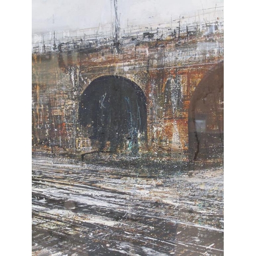 1207 - SIGNED INDISTINCTLY - RAILWAY ARCHES, MIXED MEDIA ON PAPER, FRAMED, 59CM X 48CM