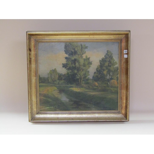 1211 - W.J WESTERN - LANDSCAPE WITH STREAM AND HAYRICKS IN MEADOW, OIL ON CANVAS ONBOARD, FRAMED, 52CM X 59... 