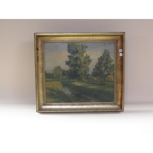 1211 - W.J WESTERN - LANDSCAPE WITH STREAM AND HAYRICKS IN MEADOW, OIL ON CANVAS ONBOARD, FRAMED, 52CM X 59... 