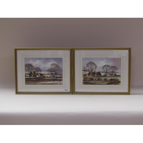 1214 - ISABEL M. CASTLE - PAIR, FARMHOLDINGS IN KENT, SIGNED WATERCOLOURS, F/G, EACH 25CM X 35CM