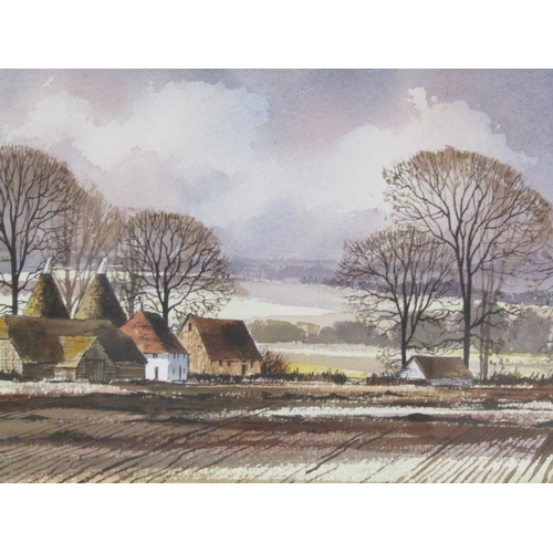 1214 - ISABEL M. CASTLE - PAIR, FARMHOLDINGS IN KENT, SIGNED WATERCOLOURS, F/G, EACH 25CM X 35CM