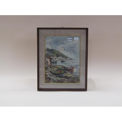 1219 - SIGNED INDISTINCTLY - MEDITERRANEAN COASTAL TOWN, OIL ON PAPER, FRAMED, 38CM X 27CM