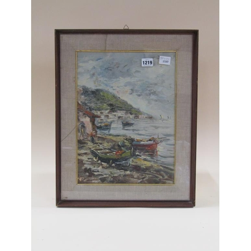 1219 - SIGNED INDISTINCTLY - MEDITERRANEAN COASTAL TOWN, OIL ON PAPER, FRAMED, 38CM X 27CM