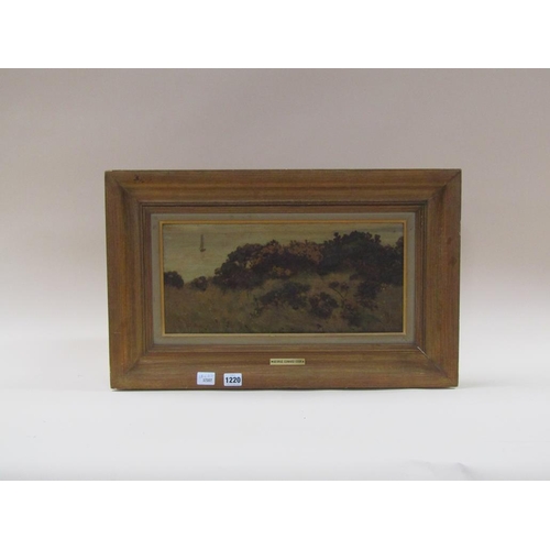 1220 - GEORGE EDWARD COOK - GORSE IN A COASTAL SETTING, SIGNED OIL ON CANVAS, FRAMED, 20CM X 42CM