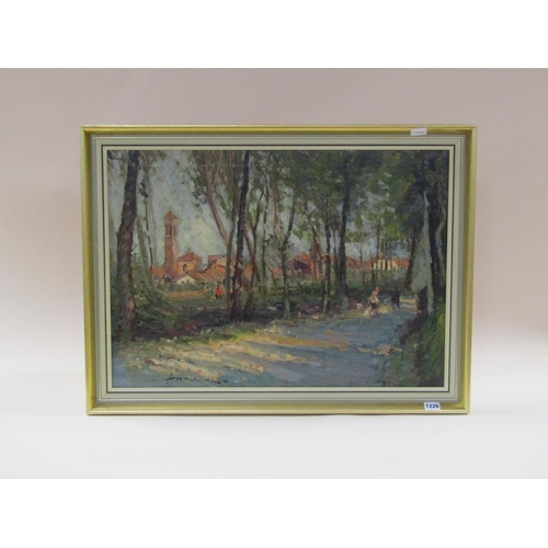 1226 - FARINA - LANDSCAPE WITYH TREES AND PATHWAYS AND TOWN BEYOND, SIGNED OIL ON CANVAS, FRAMED, 48CM X 68... 