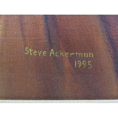 1227 - STEVE AKERMAN 1995 - THE SMICKERING, SIGNED AND DATED OIL ON CANVAS, FRAMED, 60CM X 92CM