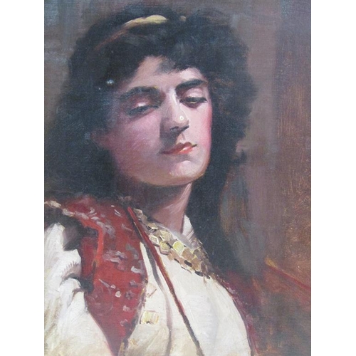 1228 - IN THE STYLE OF JOHN SINGER SARGENT - PORTRAIT OF A SPANISH LADY, UNSIGNED OIL ON CANVAS, FRAMED, 40... 