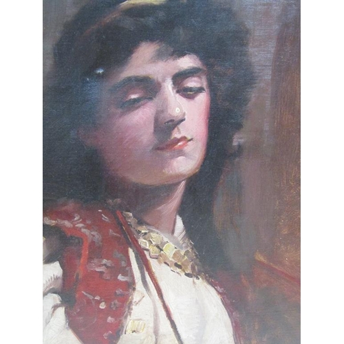 1228 - IN THE STYLE OF JOHN SINGER SARGENT - PORTRAIT OF A SPANISH LADY, UNSIGNED OIL ON CANVAS, FRAMED, 40... 