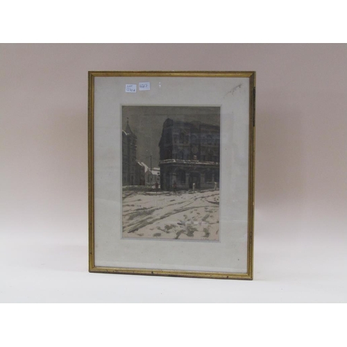 1230A - J.R. MAY 58 - TOWN SCENE IN WINTER TIME, F/G; IN THE MANNER OF VARLEY - 19C SEPIA WATERCOLOUR WITH C... 