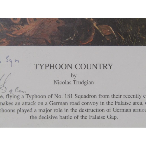 1231 - NICHOLAS TRUDGIAN - WW2 COLOURED PRINT - TYPHOON COUNTRY, SIGNED BY CREW MEMBERS, F/G, 32CM X 37CM