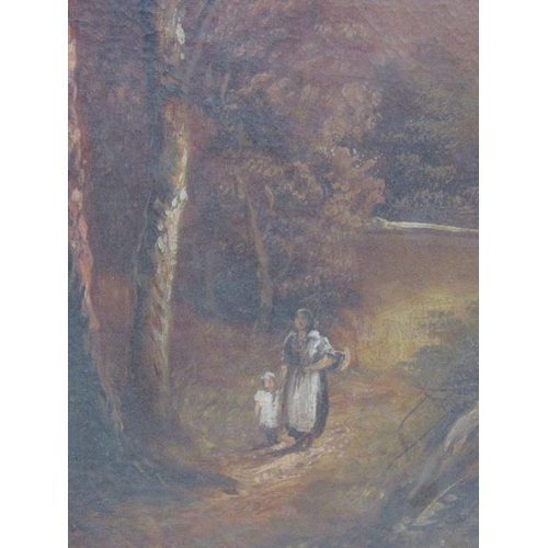 1235 - PAIR OF 19C SIGNED INDISTINCTLY - MOTHER AND CHILD ON PATHWAY WITH COUNTRYSIDE PATH LEADING TO THE H... 