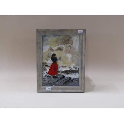 1240 - S BOYLE - LADY ON THE ROCKS, SIGNED OIL ON BOARD, FRAMED, 36CM X 25CM