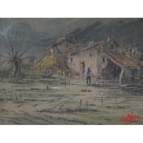 1241 - GABRIDO - CONTINENTAL FIGURE APPROACHING A BUILDING, SIGNED OIL ON CANVAS, FRAMED, 43CM X 53CM