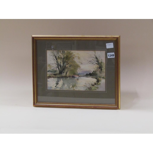 1249 - HARRY SHELDON - A BARGE ON THE CANAL, SIGNED WATERCOLOUR, F/G, 18CM X 26CM