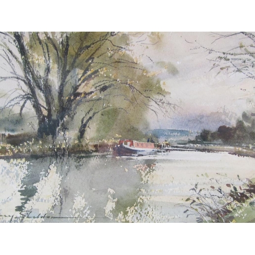 1249 - HARRY SHELDON - A BARGE ON THE CANAL, SIGNED WATERCOLOUR, F/G, 18CM X 26CM