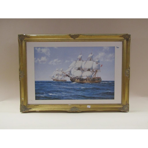 1257 - MONATGUE DAWSON - TWO WAR SHIPS IN FULL SAIL, COLOURED PRINT, F/G, 50CM X 75CM