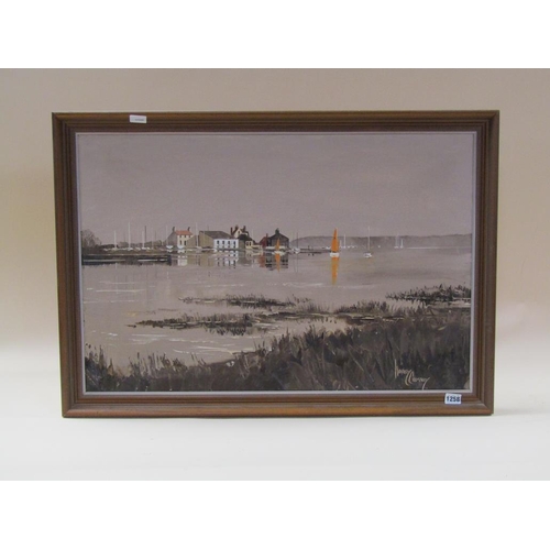 1258 - HARLEY CROSSLEY - MUDEFORD QUAY, SIGNED OIL ON CANVAS, FRAMED, 50CM X 75CM