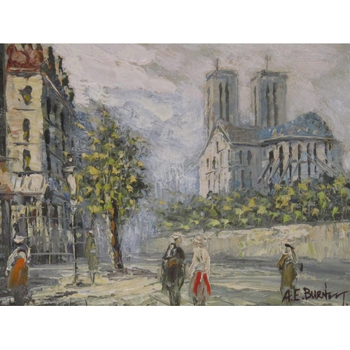 1260 - A.E BURNETT - PAIR, PARISIAN STREET SCENES, SIGNED OIL ON BOARD, FRAMED, EACH 19CM X 24CM