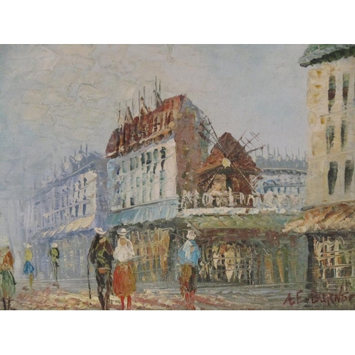 1260 - A.E BURNETT - PAIR, PARISIAN STREET SCENES, SIGNED OIL ON BOARD, FRAMED, EACH 19CM X 24CM