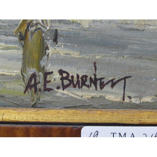 1260 - A.E BURNETT - PAIR, PARISIAN STREET SCENES, SIGNED OIL ON BOARD, FRAMED, EACH 19CM X 24CM