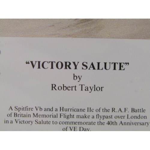 1262 - ROBERT TAYLOR - VICTORY SALUTE, COLOURED PRINT, F/G, SIGNED BY CREW MEMBERS, 38CM X 52CM