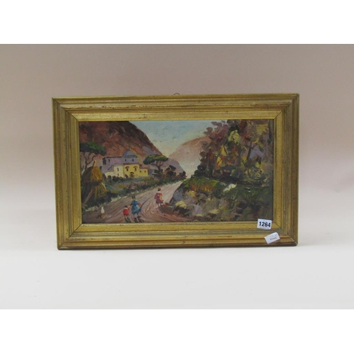 1264 - SIGNED INDISTINCTLY - CONTINENTAL MOUNTAINOUS ROADWAY WITH FIGURES, OIL ON BOARD, FRAMED, 23CM X 43C... 