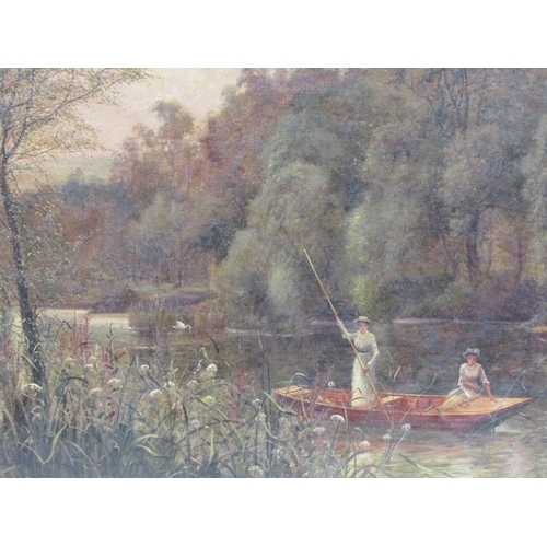 1270 - THEO HINES - TWO LADIES IN A PUNT, SIGNED OIL ON CANVAS, FRAMED, 50CM X 75CM