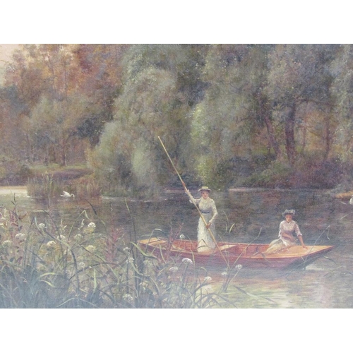 1270 - THEO HINES - TWO LADIES IN A PUNT, SIGNED OIL ON CANVAS, FRAMED, 50CM X 75CM