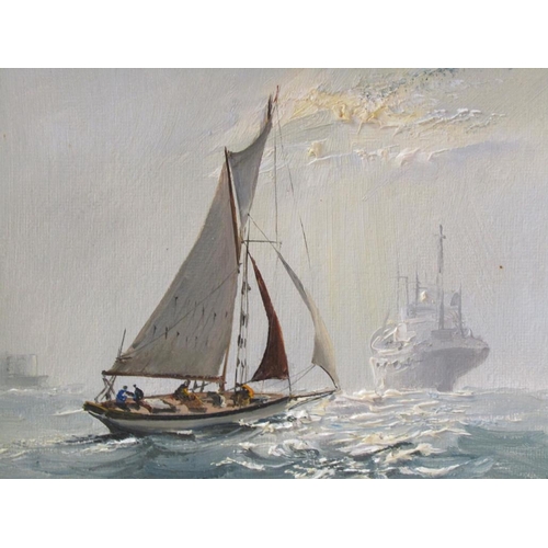 1288 - H DAVY - TWO COASTAL SHIPPING SCENES, SIGNED OIL ON BOARD, 21CM X 29CM & 23CM X 59CM