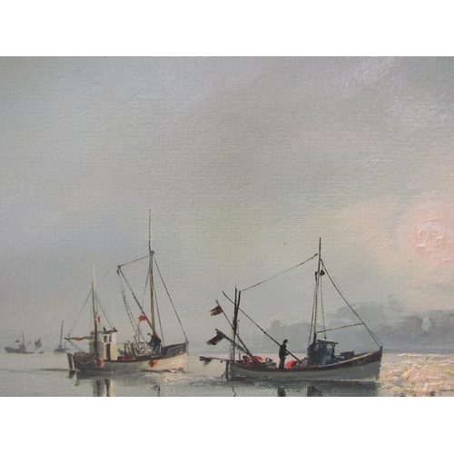 1288 - H DAVY - TWO COASTAL SHIPPING SCENES, SIGNED OIL ON BOARD, 21CM X 29CM & 23CM X 59CM