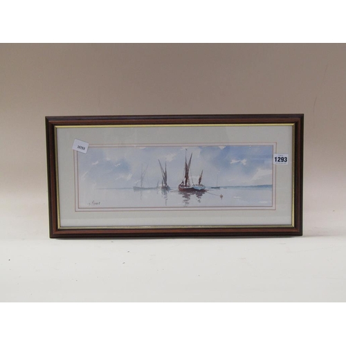 1293 - T MOORE - MOORED FISHING VESSELS, SIGNED WATERCOLOUR, F/G, 13CM X 40CM