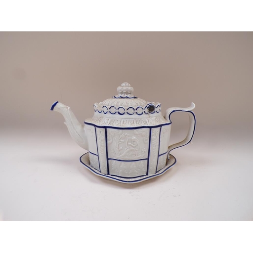 1783 - 19C MOULDED TEAPOT, COVER AND STAND, 25CM SPOUT TO HANDLE, A/F