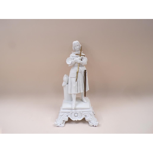 1792 - 19C CONTINENTAL BISQUE FIGURE OF A FEMALE IN ARMOUR WITH SWORD, 34CM H