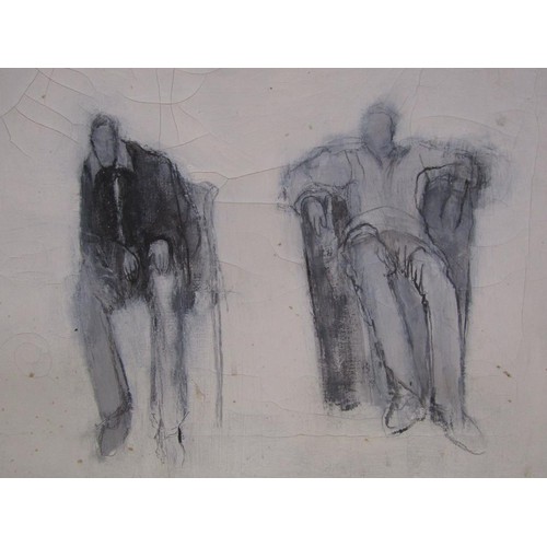 1228A - RHODA EDWARDS - TWO GENTLEMEN SEATED ON CHAIRS, MIXED MEDIA, UNSIGNED, INFORMATION TO REVERSE, 45CM ... 